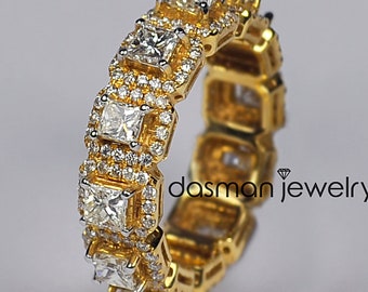 Womens Princess Diamond Halo Eternity Ring - Solid 18K Yellow Gold - 3.40 Carat of Genuine Diamonds - Custom Luxury Jewelry Anniversary Gift