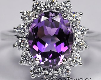 Genuine Oval Purple Amethyst Diamond Ring 18K White Gold - February Birthstone Ring - Violet Quartz Gemstone Jewelry Gift for Women