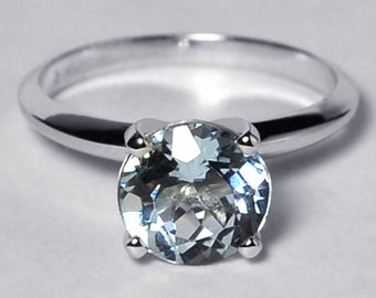 Damen Natürlicher Aquamarin Solitär Verlobungsring 14K Weißgold - blauer runder Stein Versprechen einfachen Schmuck - März Geburtsstein Geschenk