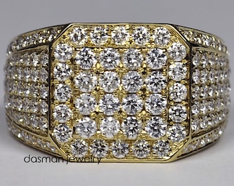 Mens Iced Out Diamond Square Pinky Ring - Solid 14K Yellow Gold - 4.30 Carats of Genuine Diamonds - Custom Heavy Luxury Jewelry Gift for Men