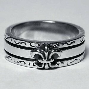 Mujeres Hombres Francés Fleur de Lis Banda Anillo oxidado 925 plata de ley 7mm 8 tamaño diseñador vintage joyería regalo para ella