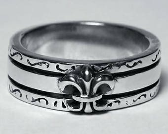 Mujeres Hombres Francés Fleur de Lis Banda Anillo oxidado 925 plata de ley 7mm 8 tamaño diseñador vintage joyería regalo para ella