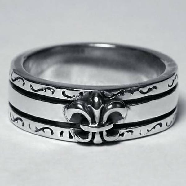 Hommes femmes Français Fleur de Lis Band Ring Oxydé 925 Sterling Silver 7mm 8 Taille designer cadeau de bijoux vintage pour elle