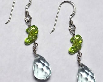 Natürliche blaue Topas Peridot Baumwinkel Haken Ohrringe, Womens 925 Sterling Silber bunten Edelstein einzigartige handgefertigte Schmuck, Mutter Geschenk für Sie