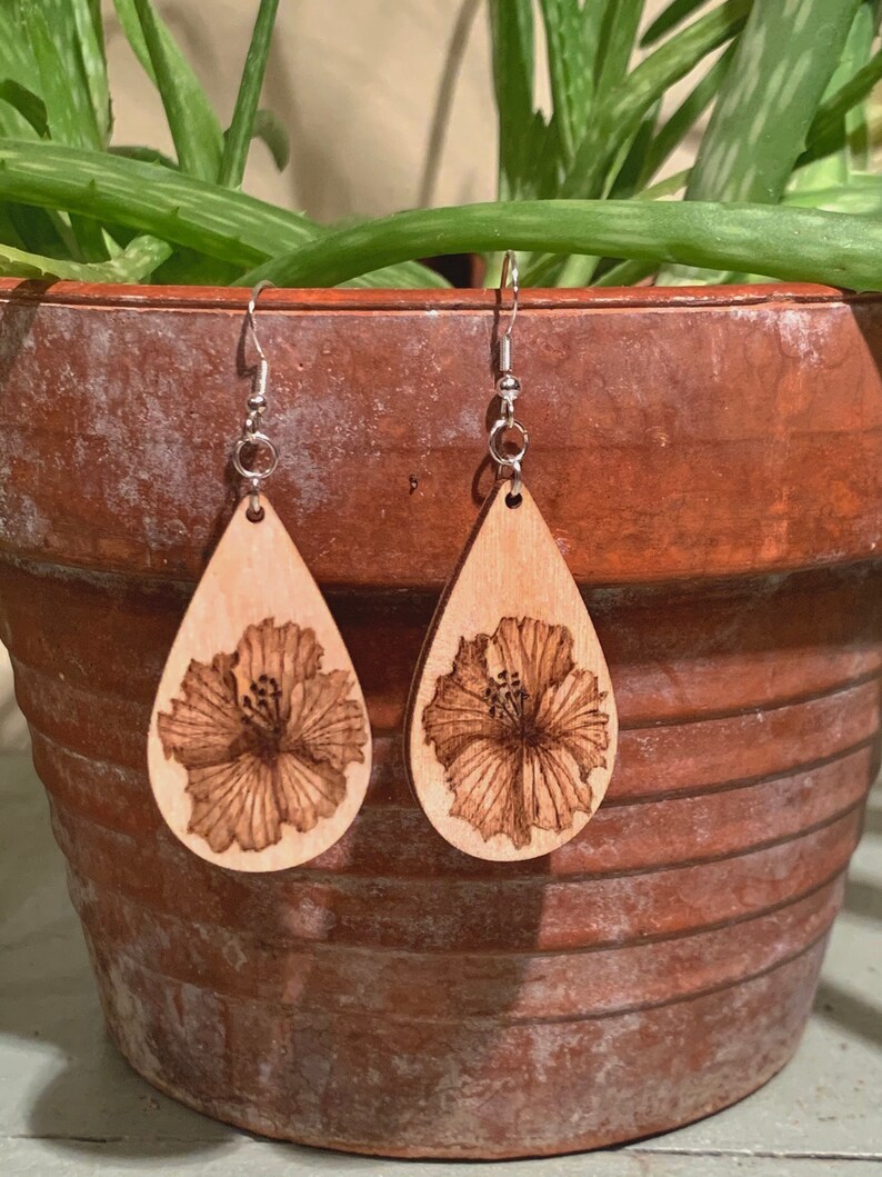 wood earrings handmade wood burned earrings hibiscus teardrop earrings