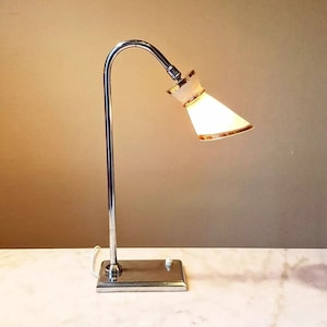 Vintage MCM art deco lamp in chrome-plated steel and diabolo shade in sandblasted molded glass, France 1950