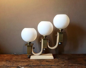 Rare vintage art deco brass lamp with three opaline globes, France 1930