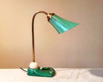 Vintage mid century rockabilly lamp in brass and green and ivory ceramic, France 1950s