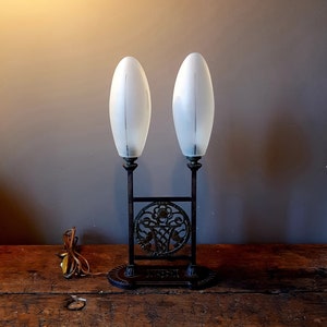 Vintage art deco double lamp -  wrought iron and bevelled frosted glass shades, France 1930