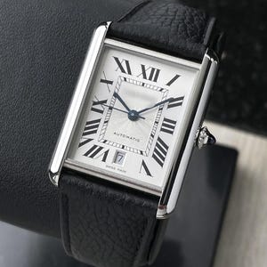 Vintage Strap and Watches- Cartier Tank Must XL Automatic Steel Black Leather Silver Dial