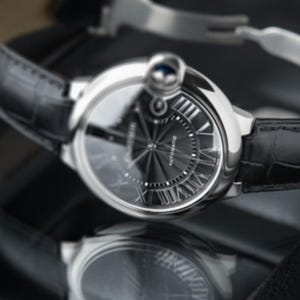 Vintage Strap and Watches- Cartier Ballon Bleu De Cartier 42 Date Steel Black Dial Leather 42mm