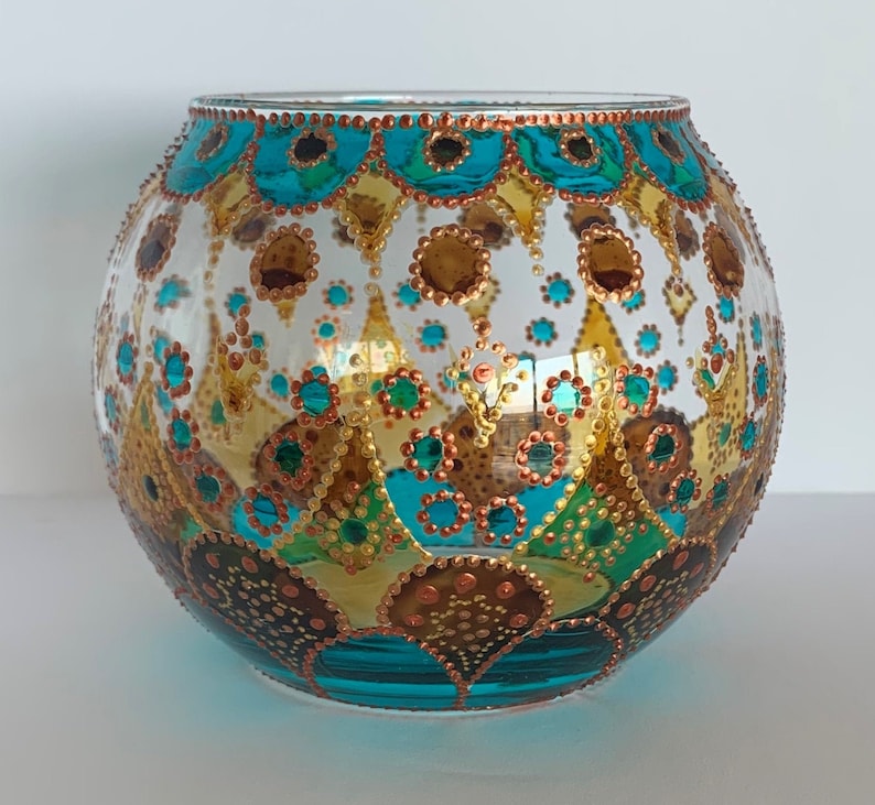 Glass Candle Holders Gold Brown Turquoise Hand Painted Personalized