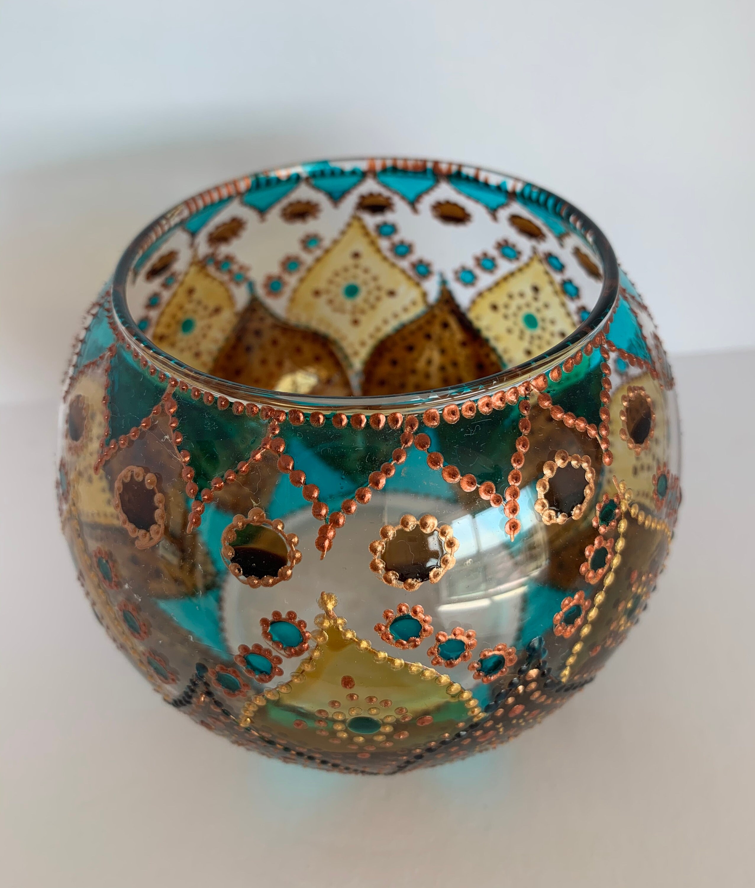 Glass Candle Holders Gold Brown Turquoise Hand Painted Personalized