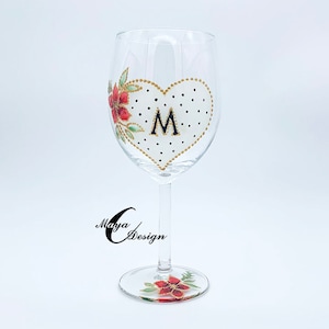Hand Painted Wine Glasses Heart With Red Flower (Set of 2) Personalized Valentine&#39;s Day gift