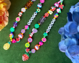 Custom Name Beaded Phone Charm, Rainbow Fruit Strap