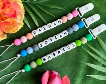 Pacifier Clip, Personalized Silicone Baby Binky Holder with Name, Custom Shower Gift, Newborn Girl Boy Present