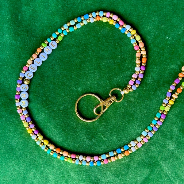 Custom Colorful Beaded Teacher Lanyard, Personalized Name Badge Holder, Nurse Doctor ID Holder,