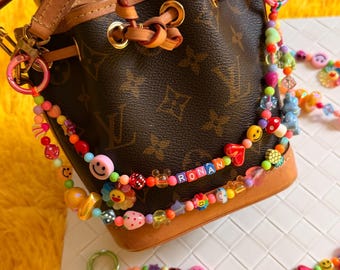 Bag Charm, Personalized Beaded Purse Keychain with Name, Rainbow Y2K Chain, Cute Custom Strap Accessory, Gift for Her