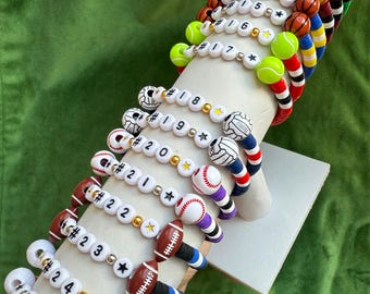 Bulk Team Bracelets, Custom Beaded Sport Jewelry with Name and Number, Personalized Friendship Gift, Player Coach Set