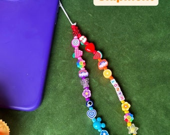 Trendy Y2k Custom Name Beaded Phone Strap, Rainbow Phone Charm, Colorful Phone Accessory, Y2k Phone Chain, Fruit Phone Charm, Gift For Her