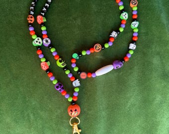 Halloween Lanyard with Badge Holder, Personalized Beaded Teacher Name Strap, Spooky Custom Gift, Nurse ID Clip