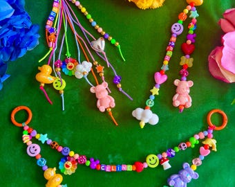 Smiley Face Bag Charm, Personalized Beaded Purse Keychain, Custom Name Y2K Chain, Cute Strap Accessory, Rainbow Gift