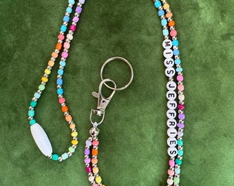 Custom Teacher Lanyard, Personalized Beaded ID Badge Holder with Name, Colorful Nurse Breakaway Strap, Appreciation Gift