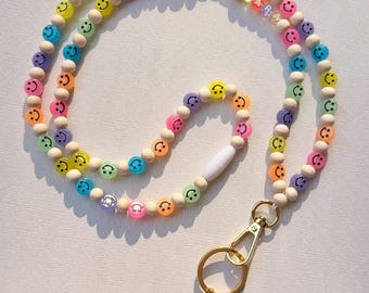 Smiley Face Lanyard, Glow in the Dark Teacher Badge Holder, Personalized Wooden Bead Name ID, Cute Custom Gift