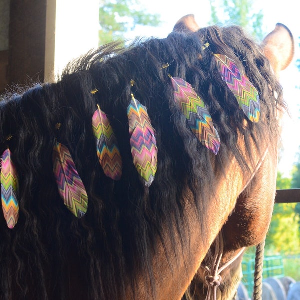 Colorful Plaid Mane Feathers for Horses and Ponies | Feather Clip Equestrian Accessories for Manes & Tails | Costume for Horse