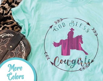 God Bless Cowgirls Shirt | Barrel Racing Shirt, Cowgirl Gift, Barrel Racer Gift, Turquoise Cowgirl T Shirt, Western Rider Gift