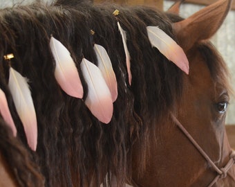 Rose Pink Mane Feathers for Horses and Ponies | Feather Clip Equestrian Accessories for Manes & Tails | Rose Pink with Gold Hair Feathers