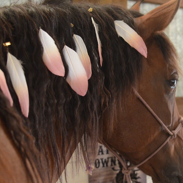 Rose Pink Mane Feathers for Horses and Ponies | Feather Clip Equestrian Accessories for Manes & Tails | Rose Pink with Gold Hair Feathers