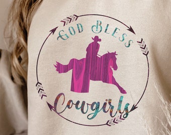 God Bless Cowgirls Hoodie, Barrel Racing Hoodie, Western Horse Sweatshirt, Roper Gift, Barrel Racer Gift, Christian Rodeo Hoodie