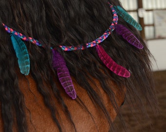 Horse Mane Braided Feather Drapery | Mane Feathers for Horses | Mane Braid for Horses | Pink, Purple, & Teal Feather Costume for Horse