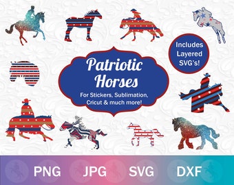 Patriotisk häst SVG och sublimeringspaket, fjärde juli häst lager SVG, patriotisk häst PNG, amerikansk rodeo svg, patriotisk ryttare