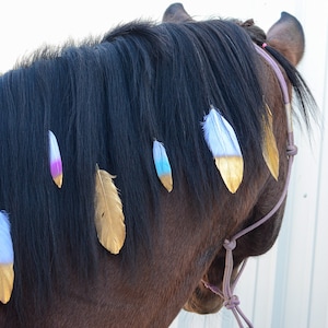 Mane Feathers for Horses and Ponies | Feather Clip Equestrian Accessories | Gold, Silver, Rose Gold, Pastel Rainbow, Peacock Feathers