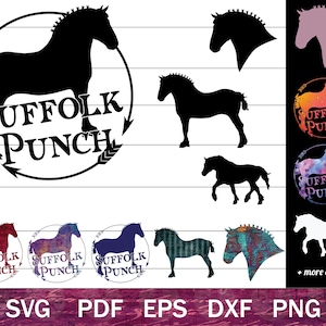 May include: A digital download of SVG, PDF, EPS, DXF, and PNG files featuring a Suffolk Punch horse silhouette with the text "Suffolk Punch" in a circle. The image includes multiple variations of the design, including a watercolour-style design and a white silhouette.