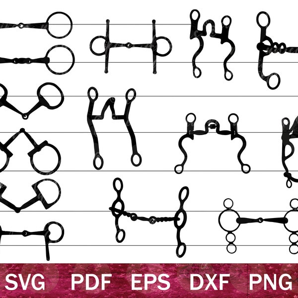 Horse Bits SVG Bundle, Full Cheek Snaffle Bit SVG, Western Bit SVG, Curb Bit png, English Bridle svg, Spade Bit svg, Equestrian Tack svg