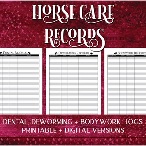 Equine Deworming, Dental, & Bodywork Records Printable PDF, Horse Care Log, Equestrian Boarding Barn Management Planner and Log Book