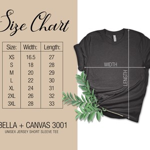Peut inclure: Tableau des tailles pour un t-shirt &agrave; manches courtes en jersey unisexe, Bella + Canvas 3001. Le tableau indique la taille, la largeur en pouces et la longueur en pouces pour les tailles XS &agrave; 3XL.