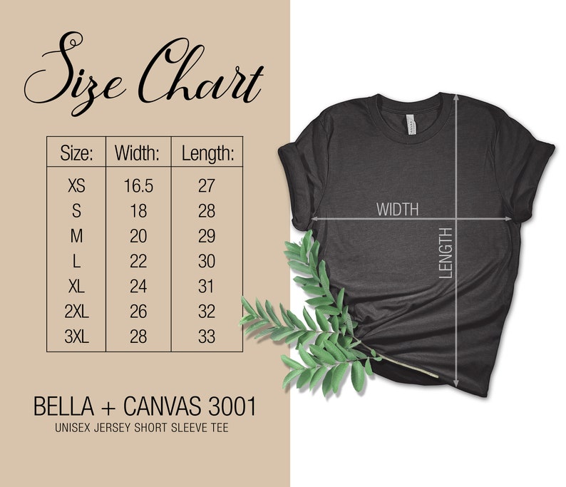 Peut inclure: Tableau des tailles pour un t-shirt &agrave; manches courtes en jersey unisexe, Bella + Canvas 3001. Le tableau indique la taille, la largeur en pouces et la longueur en pouces pour les tailles XS &agrave; 3XL.