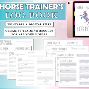 May include: Printable and digital horse training log book with pages for progress checks, horse and rider information, weekly planner, packing list, training ride notes, and lesson notes. The cover features a pink and purple horse illustration.