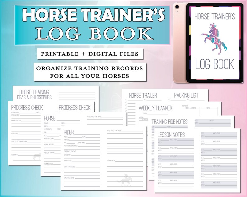 May include: Printable and digital horse training log book with pages for progress checks, horse and rider information, weekly planner, packing list, training ride notes, and lesson notes. The cover features a pink and purple horse illustration.