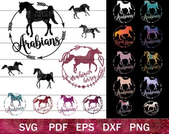 May include: A digital design sheet with multiple images of Arabian horses. The images are in black and white and color. The images are surrounded by a circle with the text "Arabians" in a decorative font. The images are perfect for crafting projects, such as t-shirts, mugs, and tote bags.