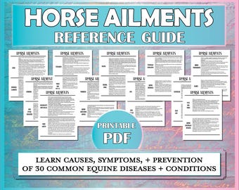 Op de afbeelding: Een printbare PDF-gids over veelvoorkomende paardenziekten. De gids bevat informatie over oorzaken, symptomen en preventie van 30 paardenziekten en -aandoeningen. De gids is georganiseerd in secties met titels zoals "Paardenziekten" en "Printbare PDF".