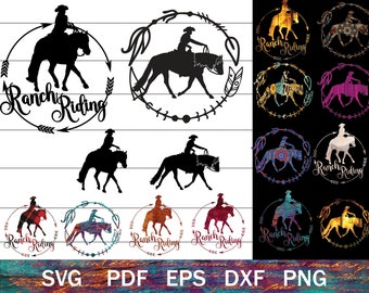 May include: A selection of Ranch Riding designs. Each design features a silhouette of a rider on a horse, with the words "Ranch Riding" in a circular layout. Decorative arrows and feathers are included. The designs are in various colours.
