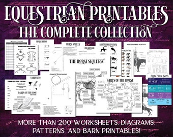 DE COMPLETE COLLECTIE van hippische printables - paardendiagrammen, werkbladen, arena-oefeningen, patronen, rijlesplannen en meer