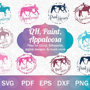 Quarter Horse, Paint, & Appaloosa Pferd SVG PNG Bundle, Pferderasse SVG, Quarter Horse svg, Paint Horse svg, Appaloosa Horse Show Clip Art
