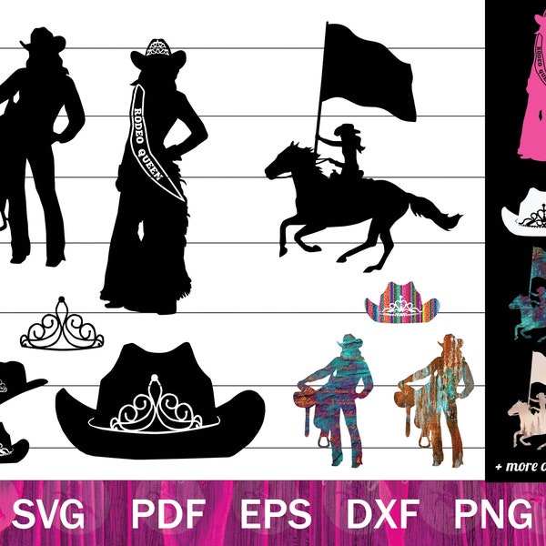 Rodeo Queen SVG Bundle, Rodeo Cowgirl Clip Art, Cowgirl Hat PNG for Sublimation, Rodeo Girl Shirt Design, Western Horse and Cowgirl Princess