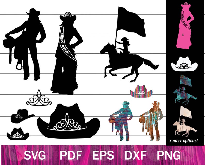 May include: A set of 10 black and white silhouette SVG cut files featuring a rodeo queen, a cowboy, a horse, and a crown. The text "Rodeo Queen" is included in the design.